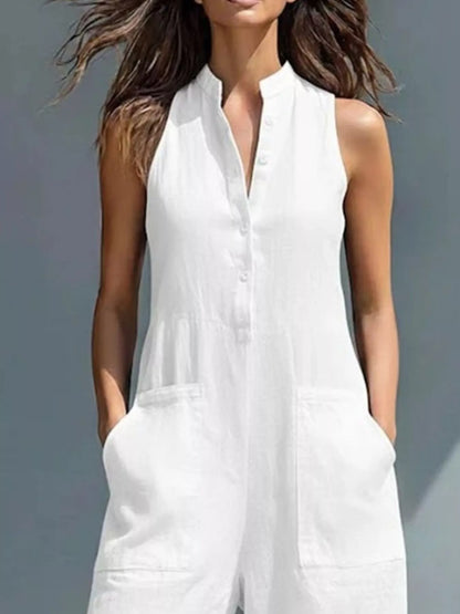 The Lucette — Button Front Sleeveless Jumpsuit - Sky Blue, full-length styled on model - Be Juliet