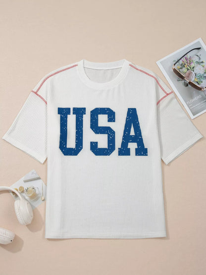 USA Graphic Half Sleeve Loose Ribbed Top - White, side view on model - Be Juliet