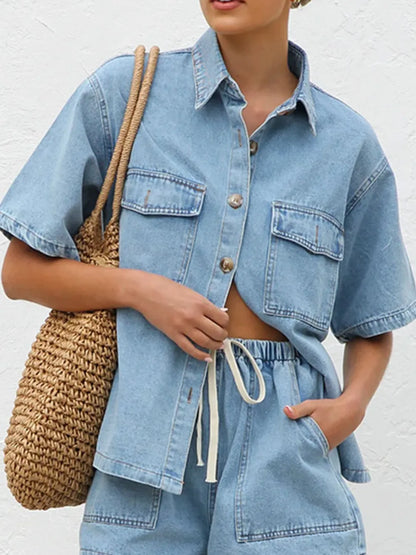 Kati Button Up Half Sleeve Denim Shirt - Medium, 3/4 angled view on model - Be Juliet