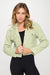 Be Juliet The Capuche Cropped Vegan Leather Jacket sage green, front close-up, flap chest pockets with snaps