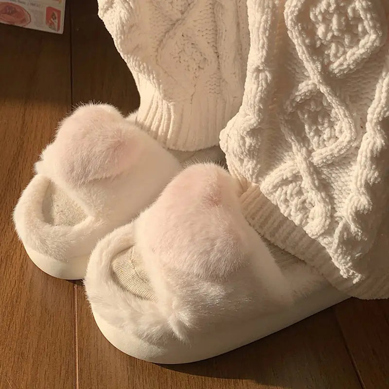 Heart Love Fluffy Fur Slippers - side view showing fluffy fur texture - Be Juliet