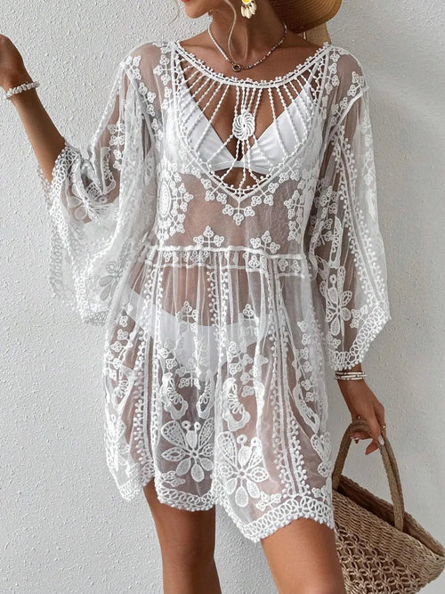 Lace Round Neck Cover-Up - White, 3/4 front view on model with straw bag - Be Juliet