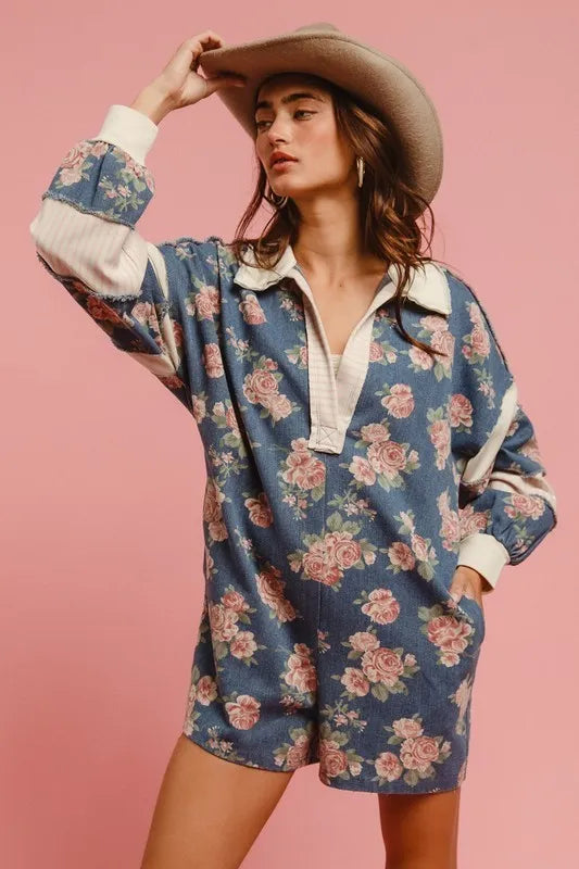 Chantalle Floral Denim Romper – Contrast Collar - Be Juliet