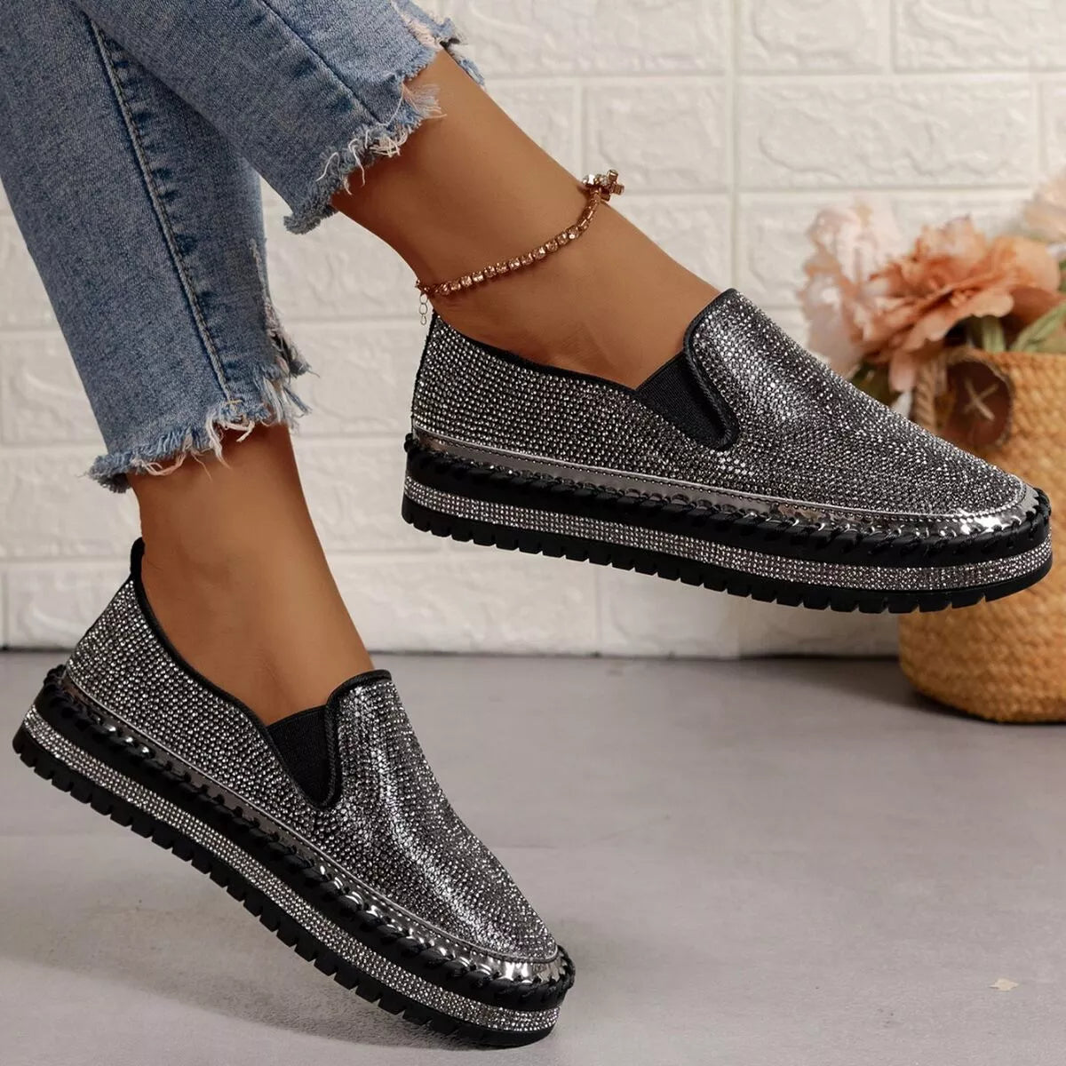 Rhinestone Round Toe Platform Loafers - Be Juliet