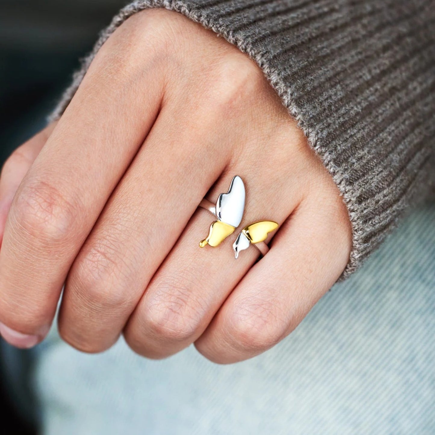 925 Sterling Silver Butterfly Ring - Gold, side profile on finger - Be Juliet