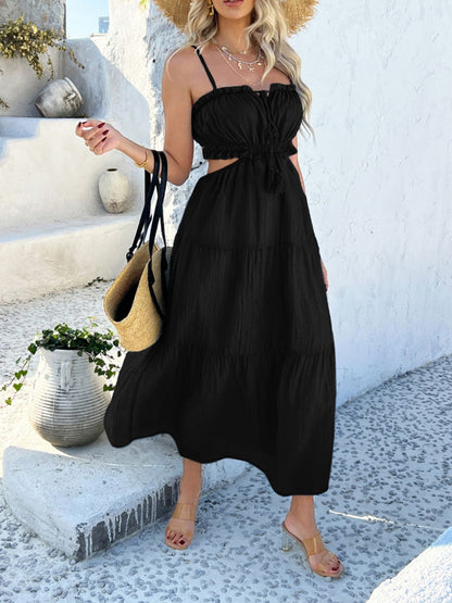 Devine Tie Back Cami Midi Dress - Black, 3/4 angled view on model - Be Juliet