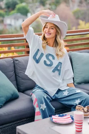 BiBi 4th Of July Usa Letter Patchwork French Terry Top - Ivory, side close-up detail - Be Juliet