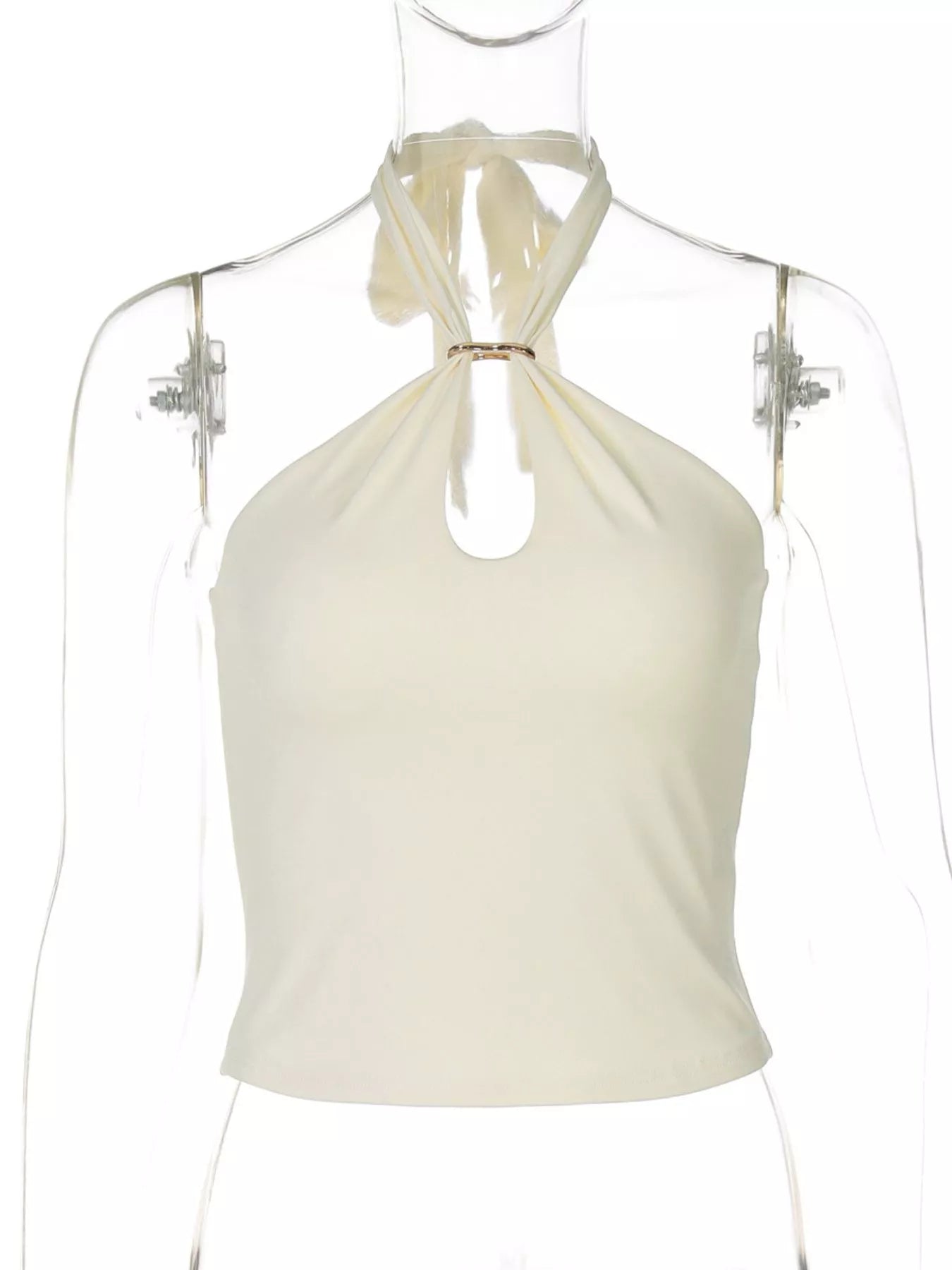 Halter Neck Cami with Keyhole Detail - Apricot, ghost mannequin front view, keyhole and gold hardware detail - Be Juliet