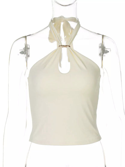 Halter Neck Cami with Keyhole Detail - Apricot, ghost mannequin front view, keyhole and gold hardware detail - Be Juliet