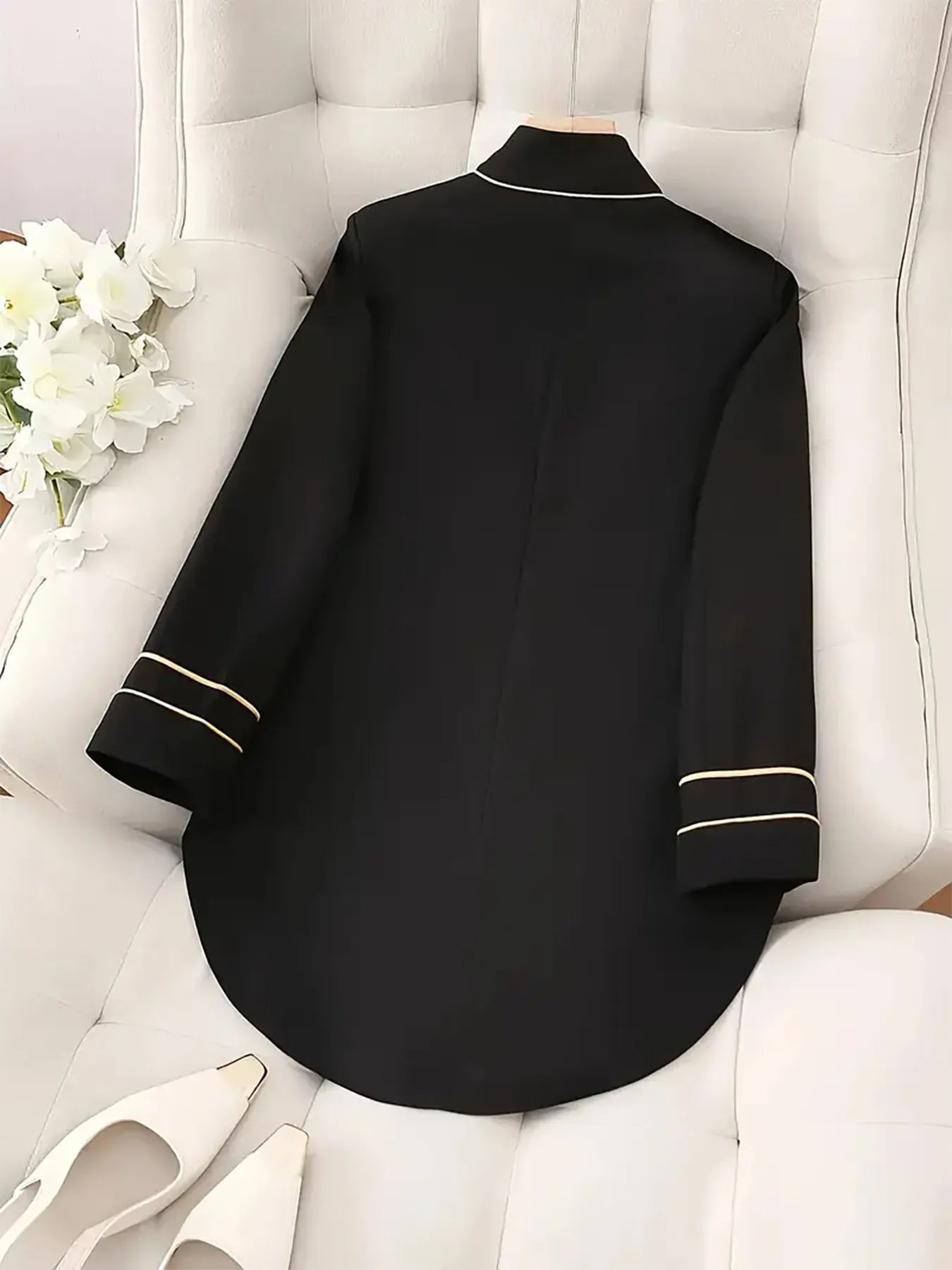 Decorative Button High-Low Blazer with Cuff Trim - Black, side view on model - Be Juliet