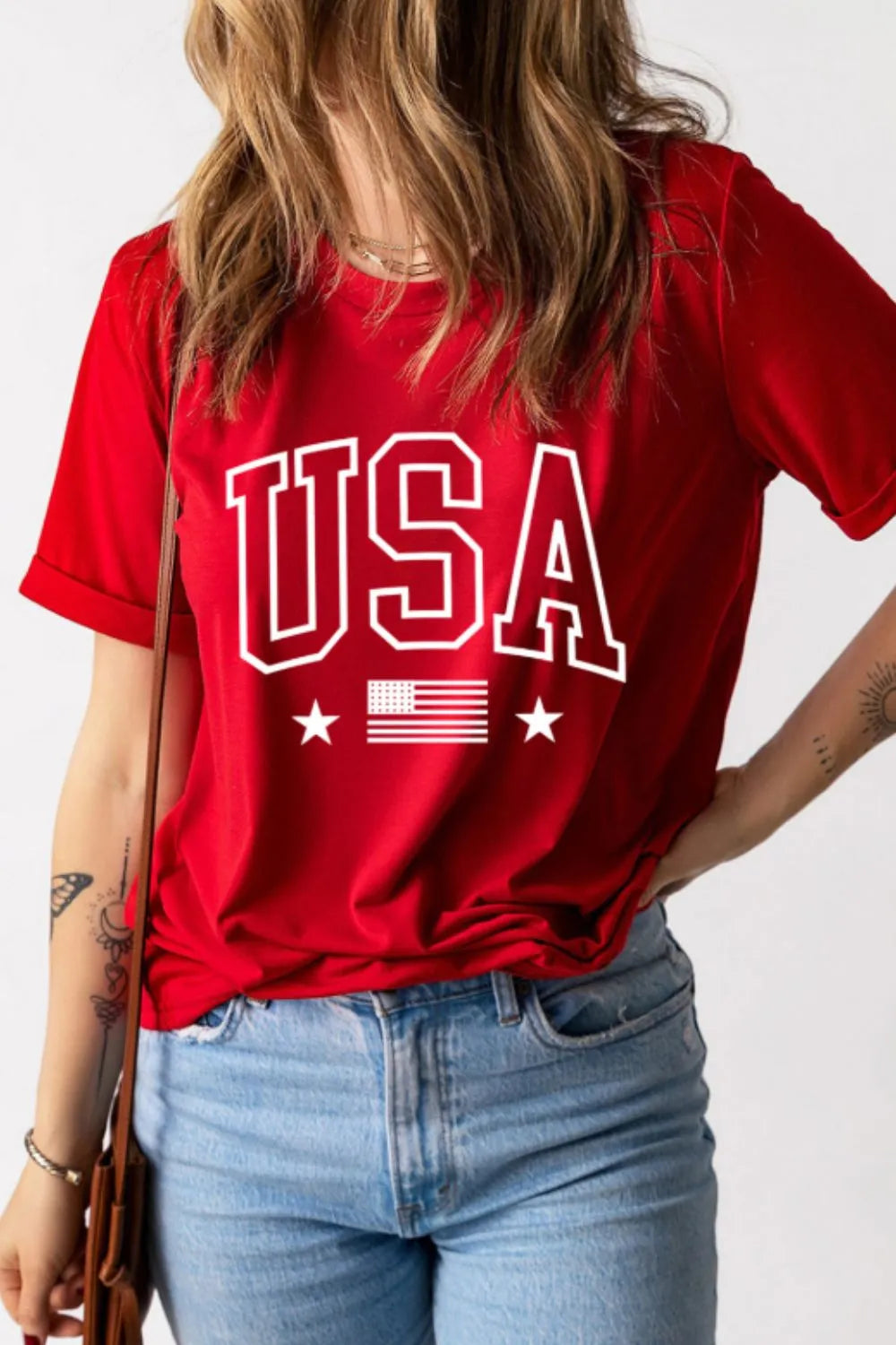 USA American Flag Crewneck T Shirt - Red, front view on model - Be Juliet