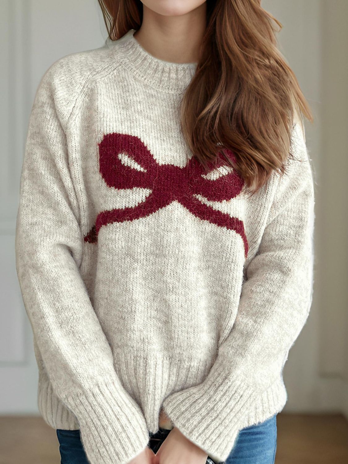 Bow Round Neck Long Sleeve Sweater - Gray, back view on model - Be Juliet