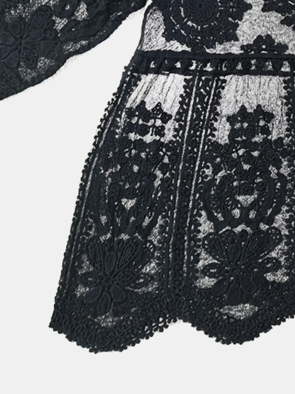 Lace Round Neck Cover-Up - Black, hem close-up, scalloped lace border - Be Juliet