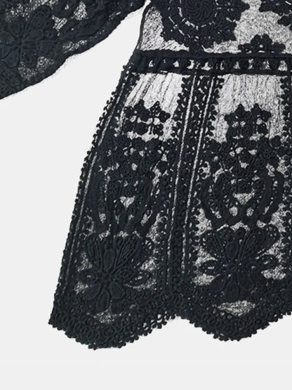 Lace Round Neck Cover-Up - Black, hem close-up, scalloped lace border - Be Juliet