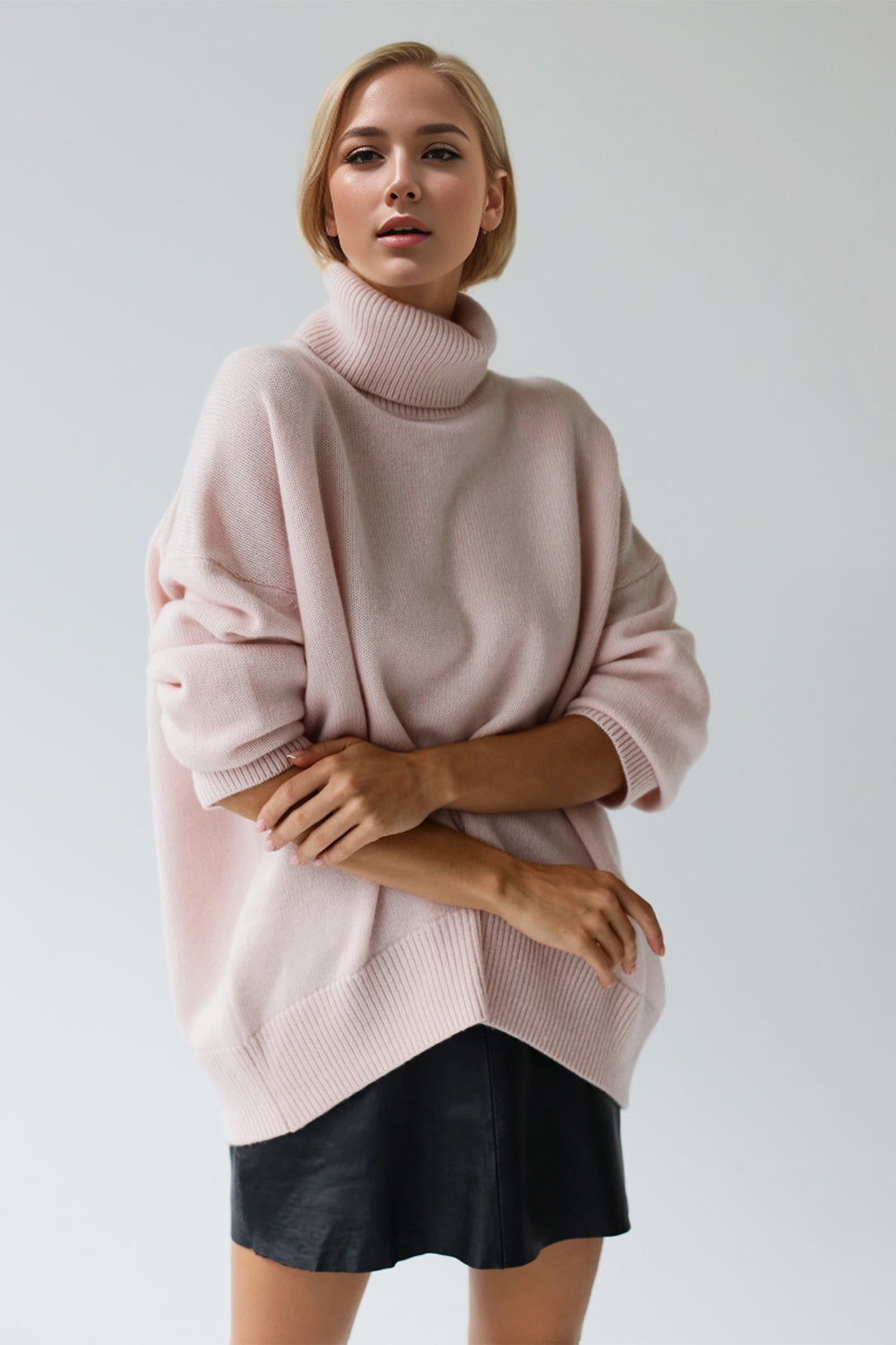 Basic Bae Turtleneck Long Sleeve Sweater - Blush Pink, front view on model - Be Juliet