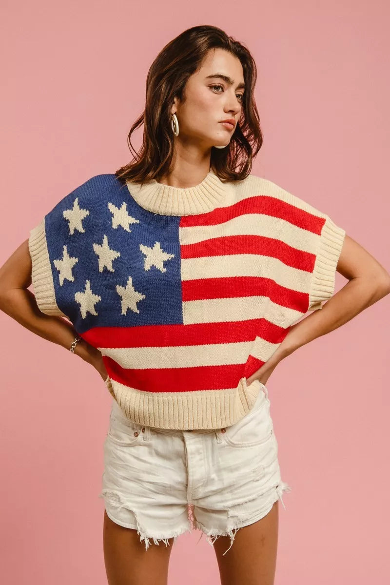 The Liberté — Star Patches American Flag Sleeveless Sweater - Vivid Red, flag graphic front view - Be Juliet