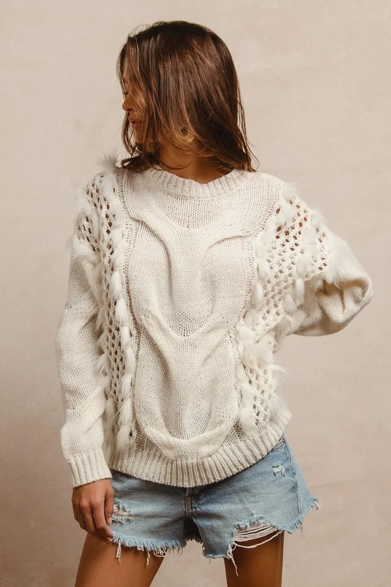 BIBI Faux Fur Detailed Pointelle Cable Knit Sweater - Be Juliet
