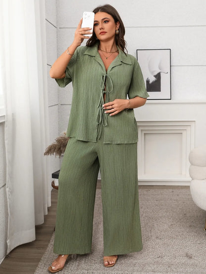 Tie Front Short Sleeve Top & Pants Set – Plus Size - Matcha Green, side view on model - Be Juliet