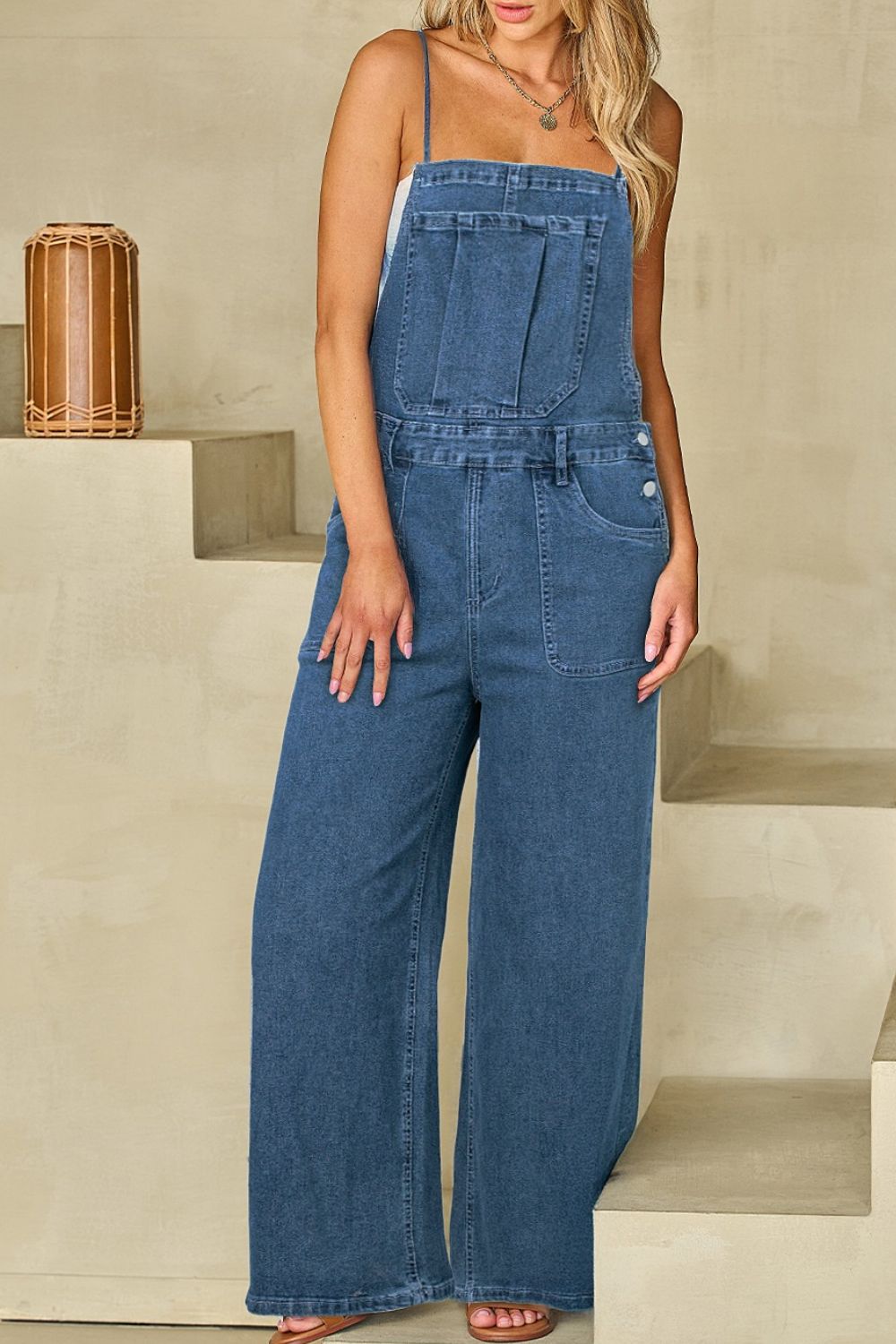 Adjustable Tie Straps Wide Leg Denim Overalls - Be Juliet