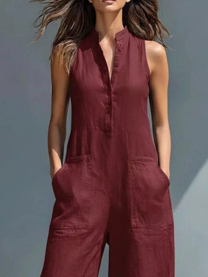 The Lucette — Button Front Sleeveless Jumpsuit - Wine Red, cropped torso front view - Be Juliet