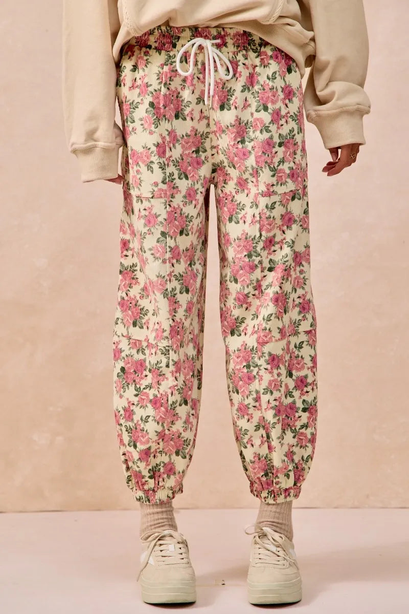 Floral Printed Twill Drawstring Pants - Be Juliet