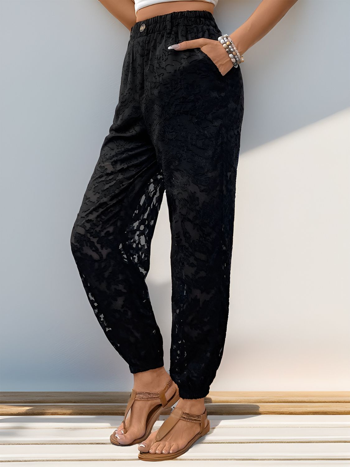 Parfee Pocketed Lace Elastic Waist Pants - Black, side view showing lace detail - Be Juliet