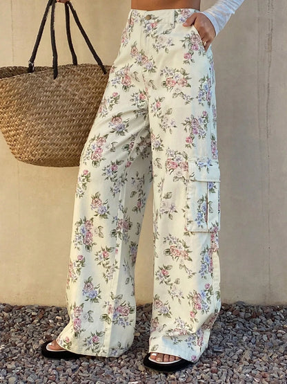 Floral Print Wide-Leg Jeans - Print, close-up cargo flap pocket detail - Be Juliet