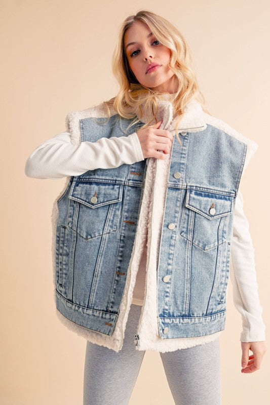 Aemi + CO Denim Patch Sherpa Vest Coat - Be Juliet