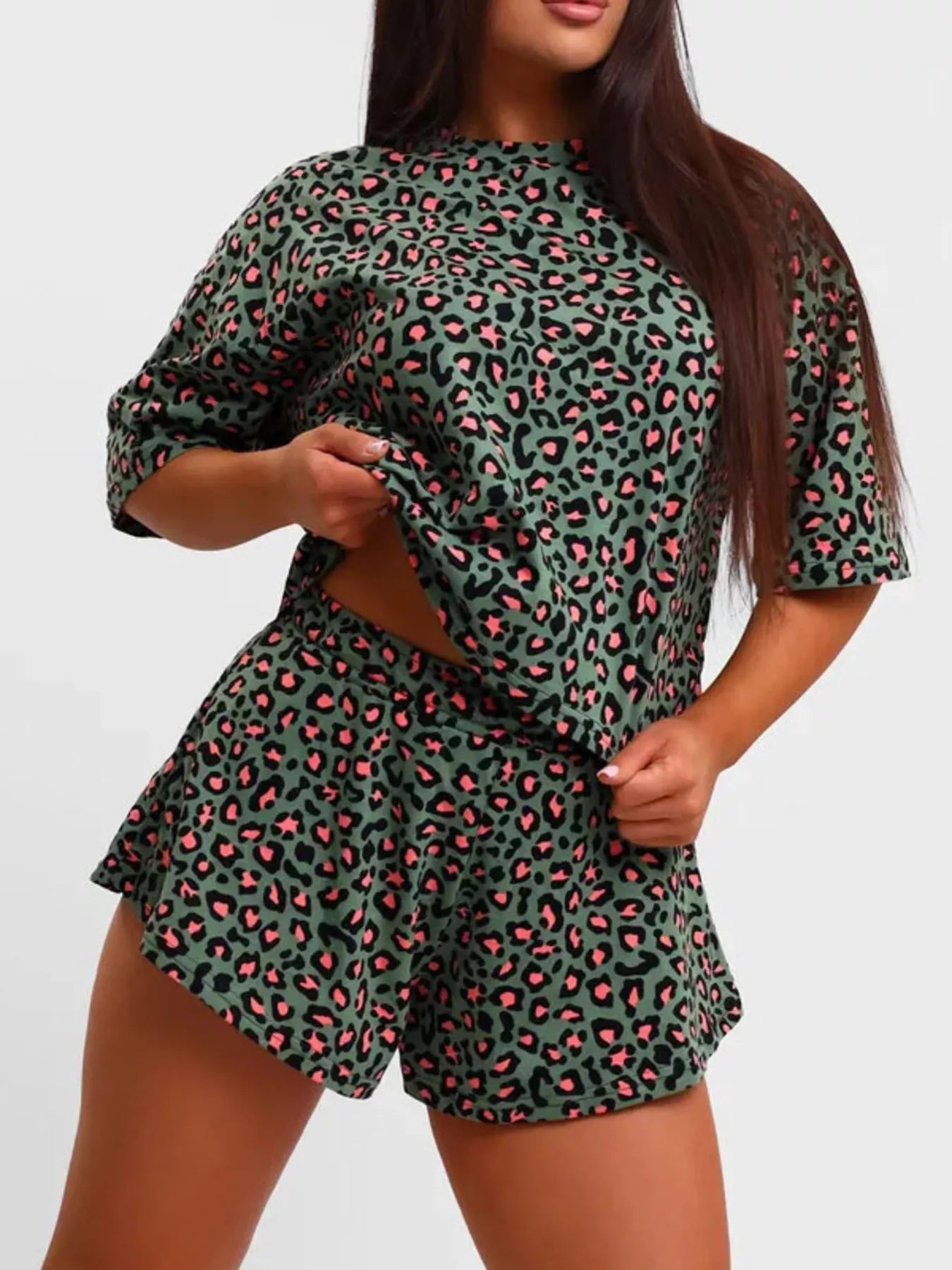 Léa Leopard Tee and Shorts Set - Green, front view on model - Be Juliet