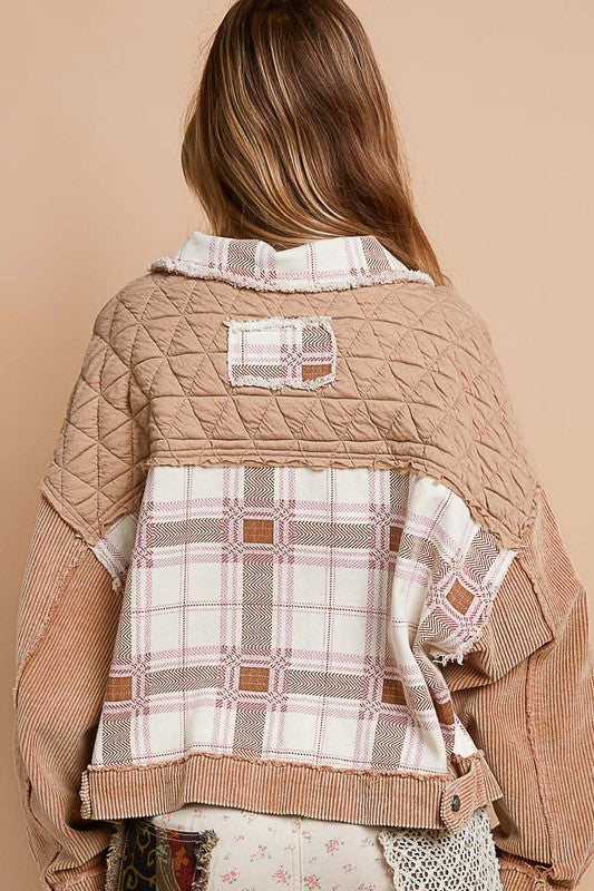 POL Corduroy Jacquard Patchwork Button Up Jacket - Teddy Bear Multicolor, back view on model - Be Juliet