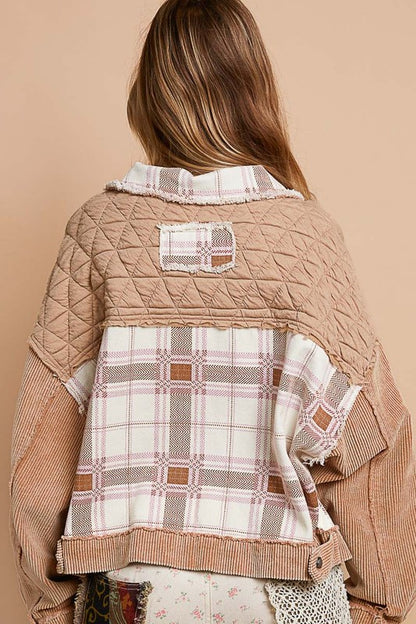 POL Corduroy Jacquard Patchwork Button Up Jacket - Teddy Bear Multicolor, back view on model - Be Juliet