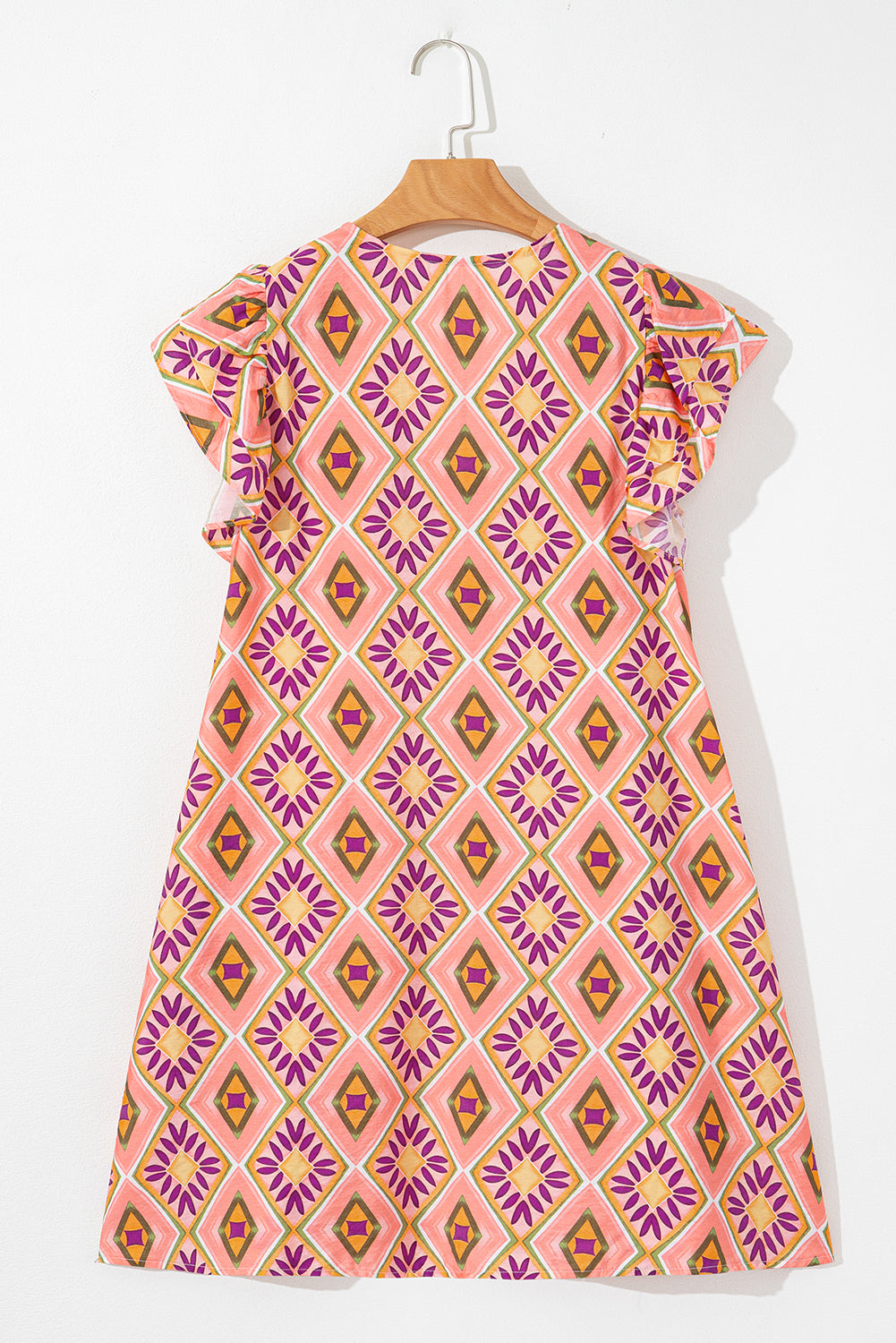 Geometric Floral V-Neck Button-Front Mini Dress - Orange, side 3/4 view, button placket - Be Juliet