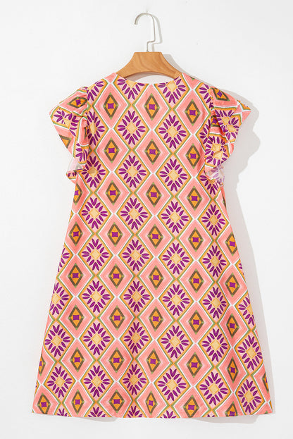 Geometric Floral V-Neck Button-Front Mini Dress - Orange, side 3/4 view, button placket - Be Juliet