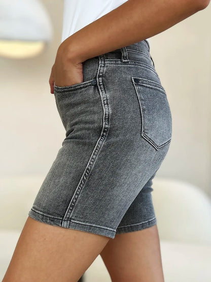 The Noelle Denim Cutoff Shorts - GREY, side view on model - Be Juliet