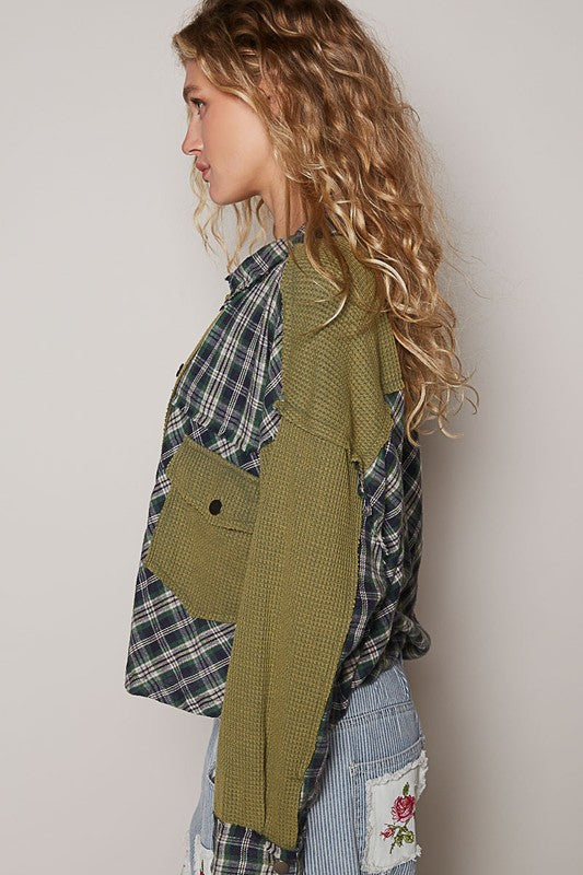 POL Plaid Button Down Shirt with Chest Pockets - Olive, side view on model - Be Juliet