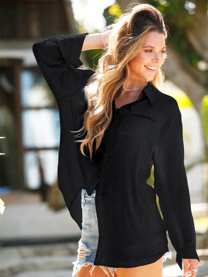 The Blanche — Pocketed Dropped Shoulder Cover Up - Black, front tied knot styling - Be Juliet