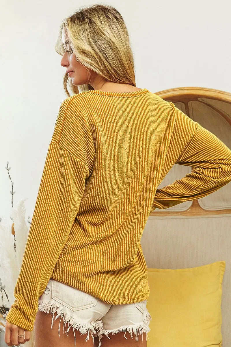 BiBi Wavy Two-Tone Ribbed Pocket Top - MUSTARD, back view on model - Be Juliet