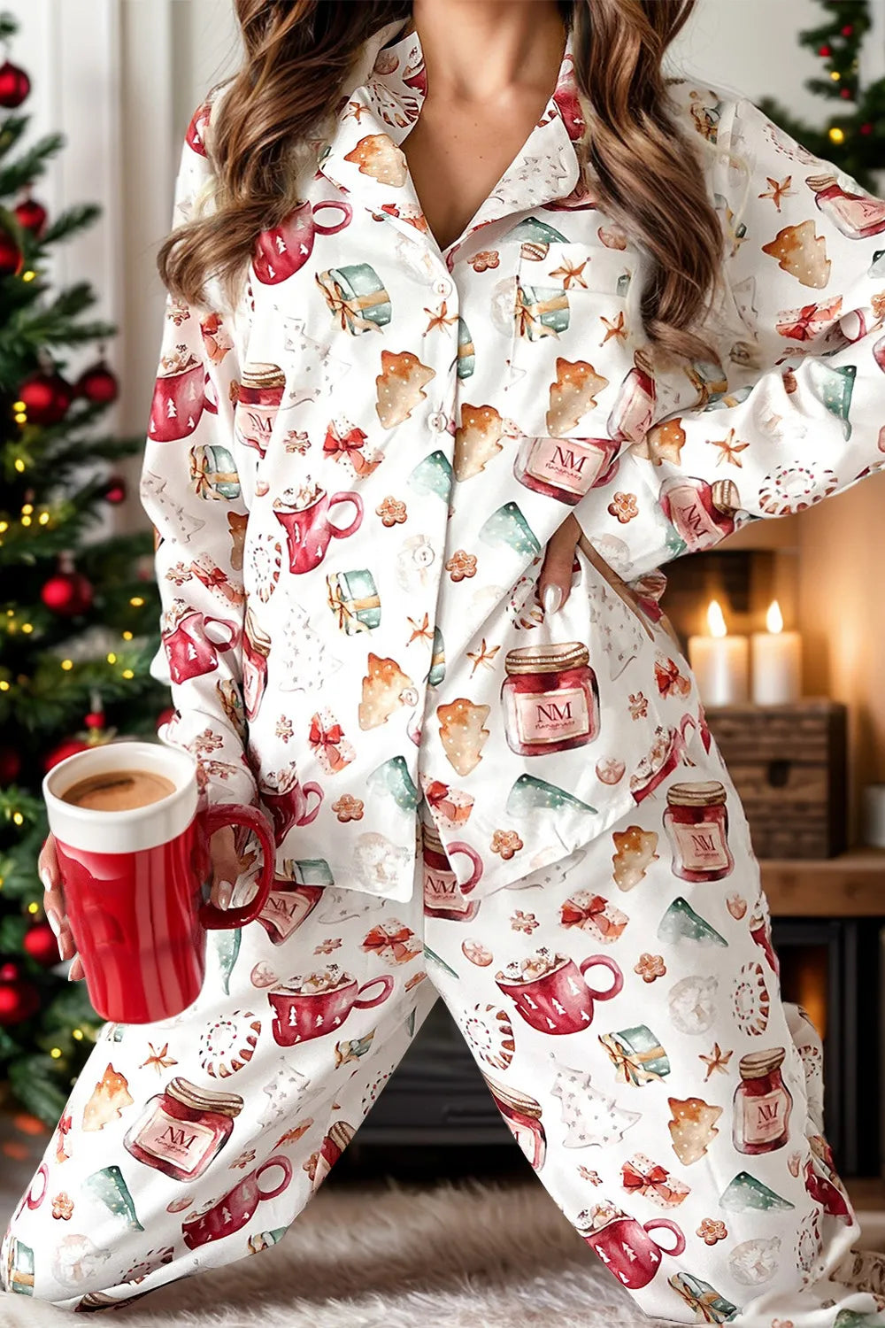 Camille Printed Collared Lounge Set - White, front view on model - Be Juliet