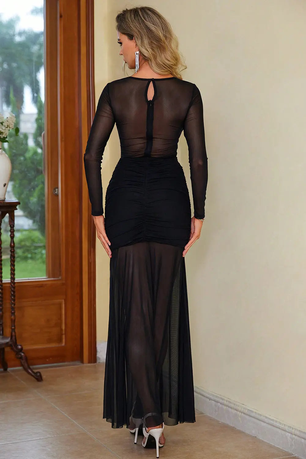 Semi-Sheer Slit Round Neck Dress - Be Juliet