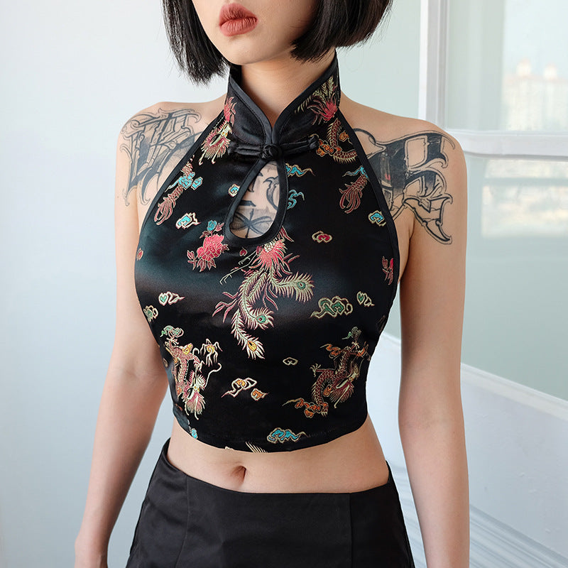 Lana Dragon Embroidered Halter Vest – Noir - Be Juliet