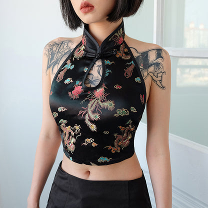 Lana Dragon Embroidered Halter Vest – Noir - Be Juliet