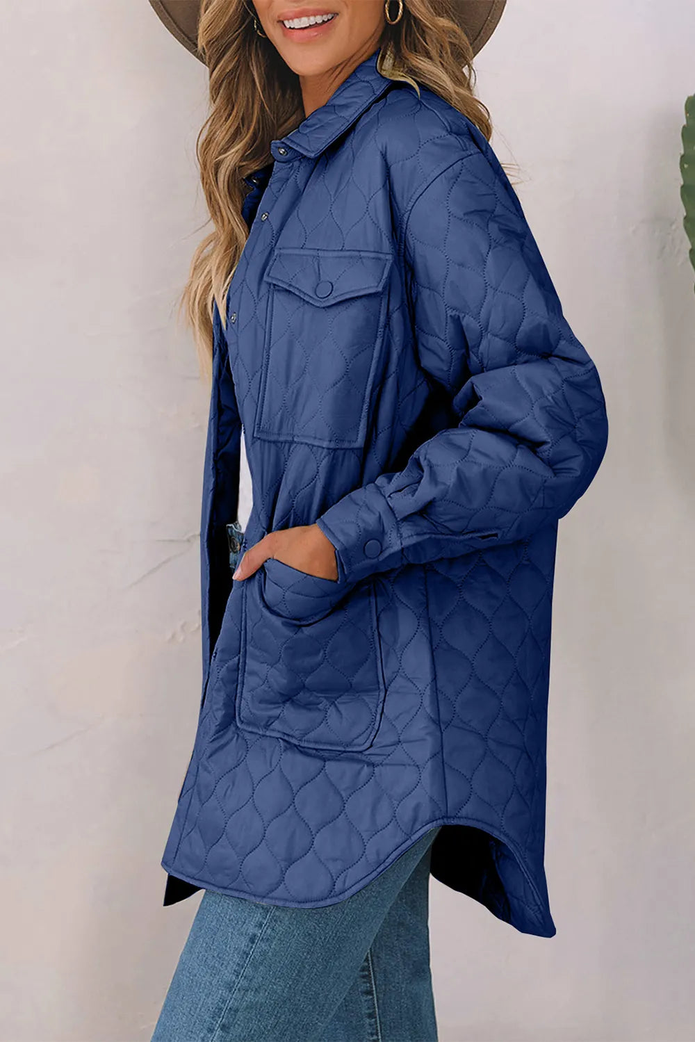 Snap Down Collared Winter Coat - Khaki, side view on model - Be Juliet