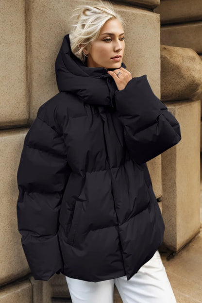 Pocketed Zip Up Hooded Puffer Jacket - Be Juliet