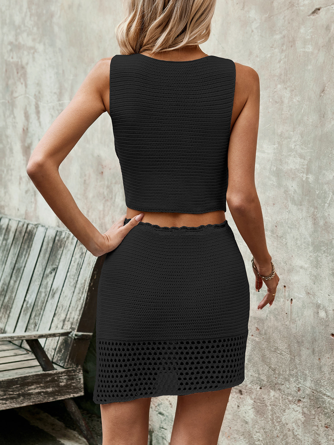 Samantha Sleeveless Top and Drawstring Skirt Set - Black, full-length view - Be Juliet