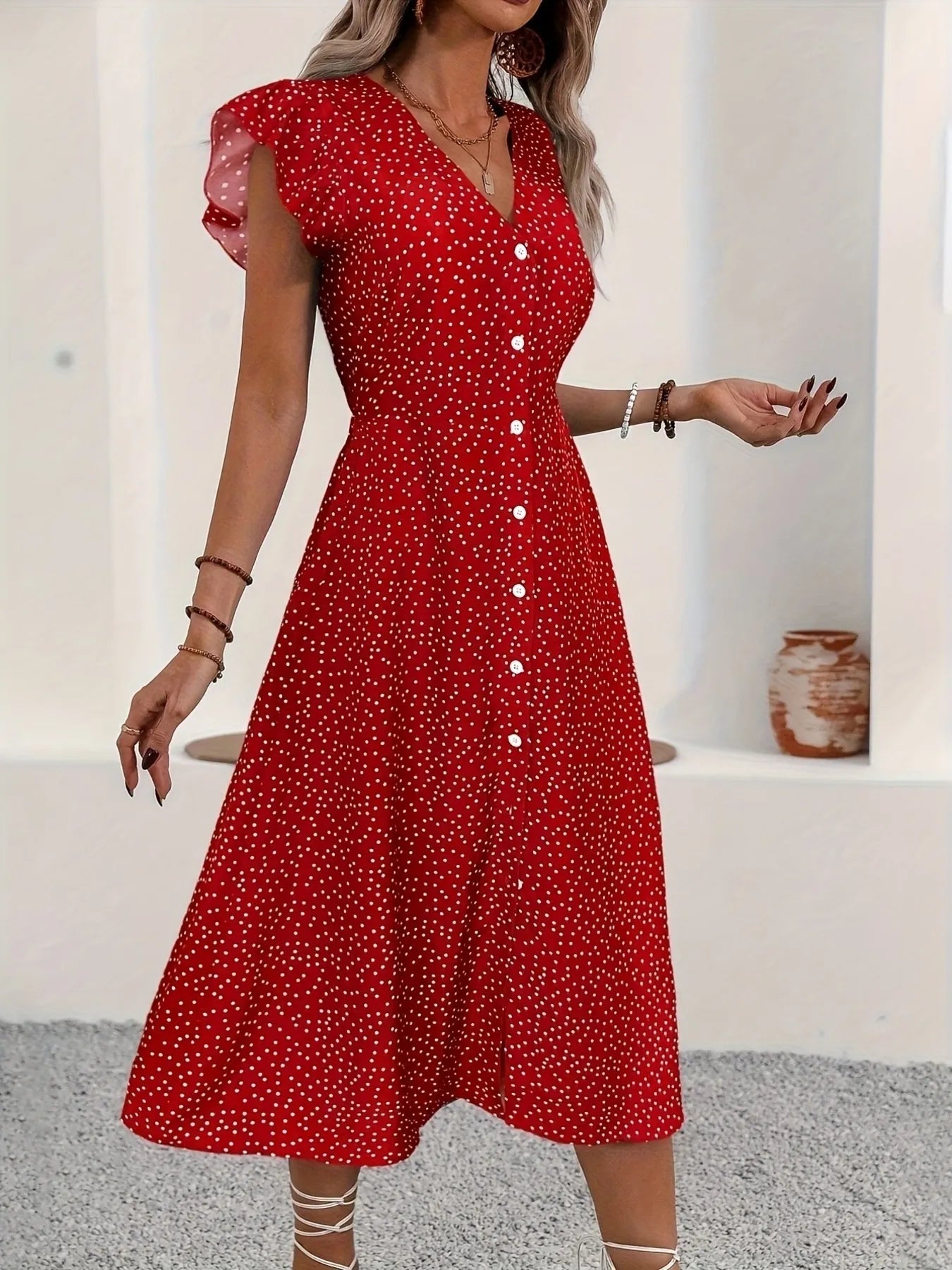 Isabella Ruffle Sleeve Button-Front Midi Dress - Red, back view on model - Be Juliet