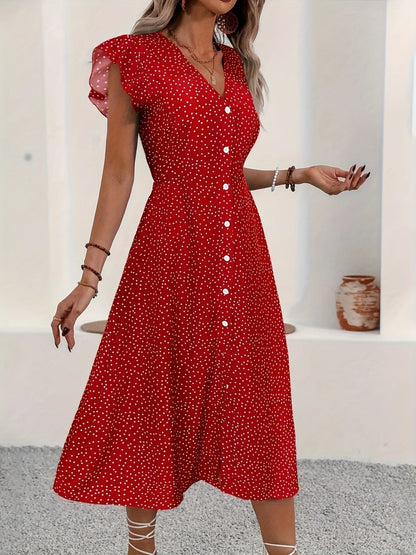 Isabella Ruffle Sleeve Button-Front Midi Dress - Red, back view on model - Be Juliet