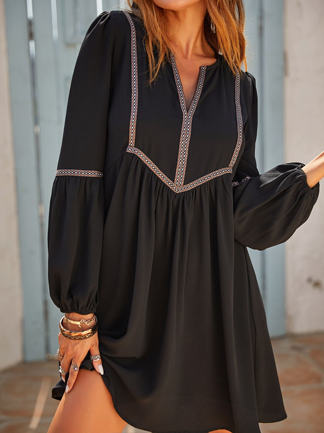 Ruched Notched Long Sleeve Mini Dress - Be Juliet