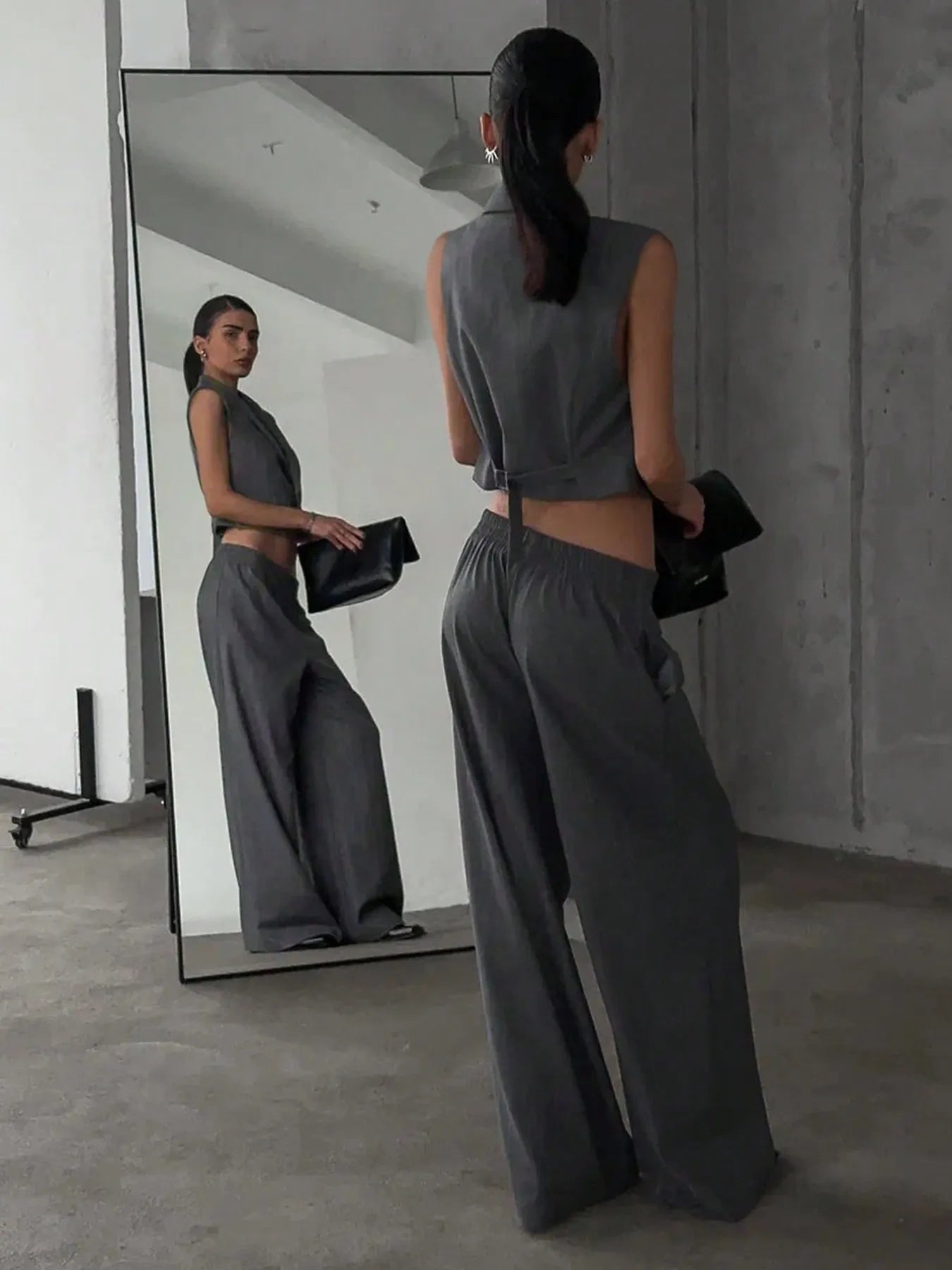 Isla Button-Up Sleeveless Top & Pants Set - Dark Gray, 3/4 angled view on model - Be Juliet