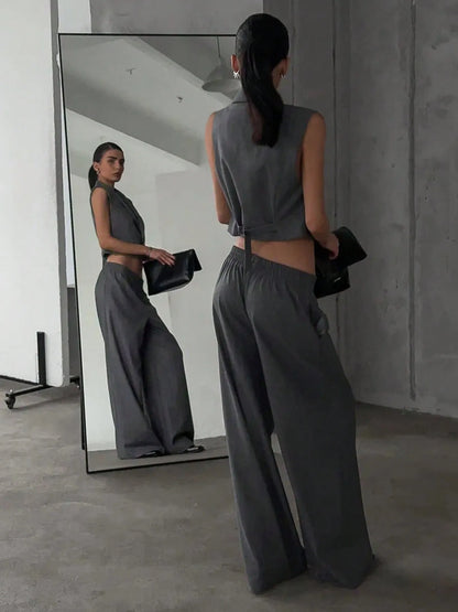 Isla Button-Up Sleeveless Top & Pants Set - Dark Gray, 3/4 angled view on model - Be Juliet