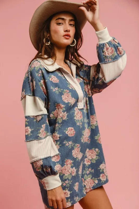 Chantalle Floral Denim Romper – Contrast Collar - Be Juliet